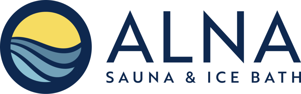 ALNA Sauna & Ice Bath logo with a circular icon showing waves beneath a rising sun.