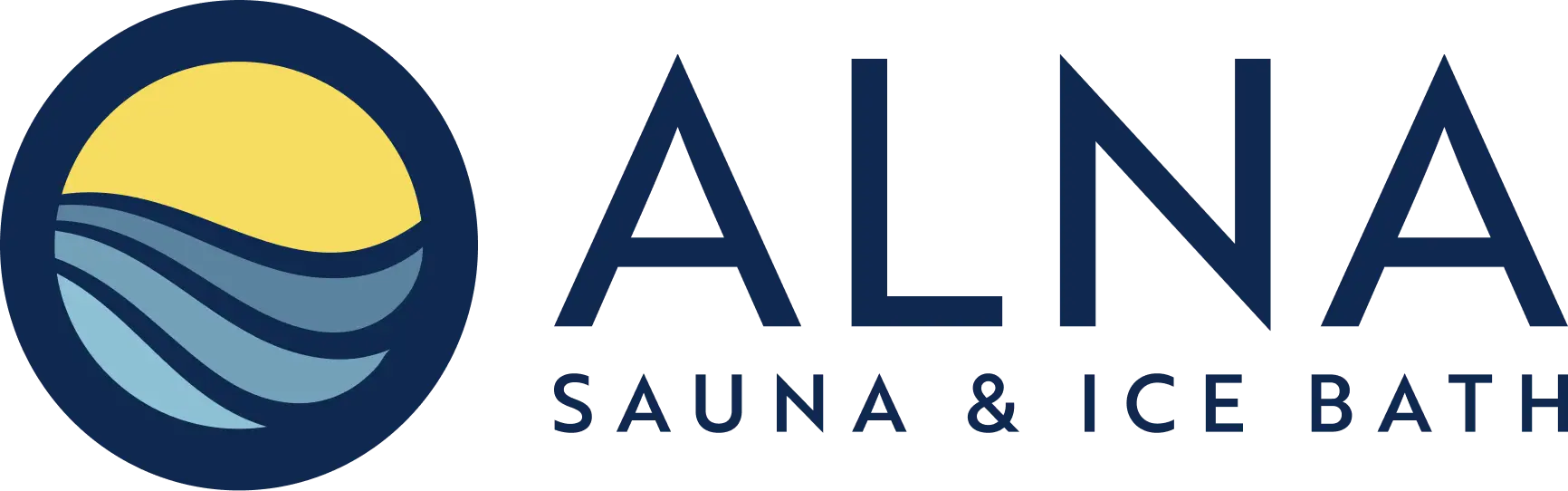 ALNA Sauna & Ice Bath logo with a circular icon showing waves beneath a rising sun.