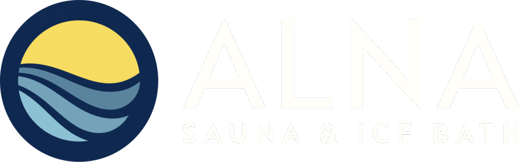 ALNA Sauna & Ice Bath logo with a circular icon showing waves beneath a rising sun.