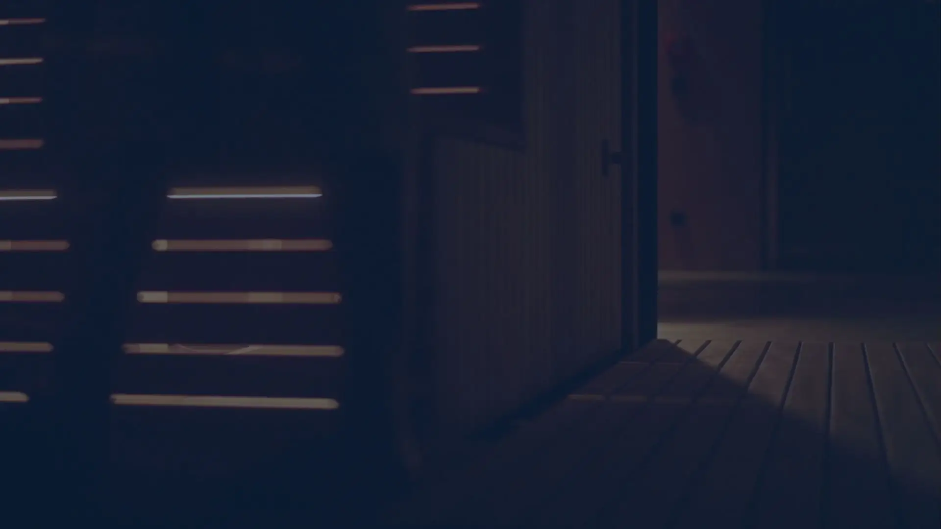 The dim interior of a sauna, warm light falling through slatted cedar benches and a part-open door.